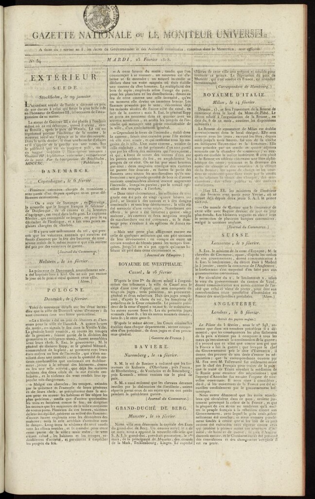 Miniatura de Gazette Nationale ou le Moniteur Universel del 23 de febrero de 1808, nº 54