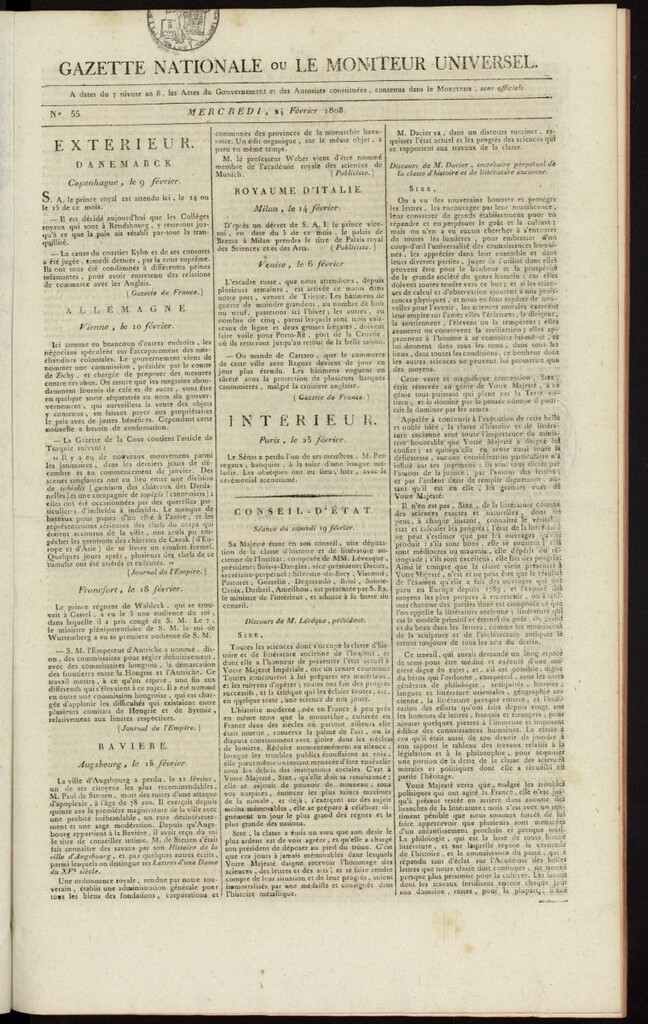Miniatura de Gazette Nationale ou le Moniteur Universel del 24 de febrero de 1808, nº 55