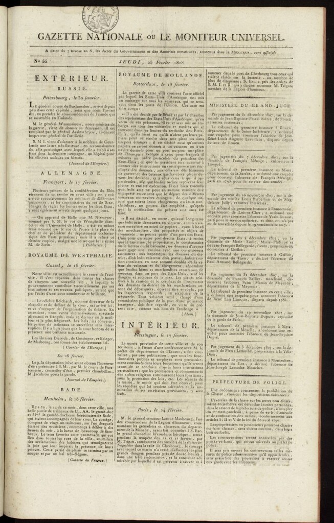Miniatura de Gazette Nationale ou le Moniteur Universel del 25 de febrero de 1808, nº 56