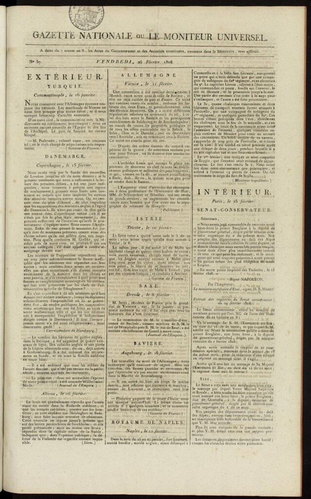 Miniatura de Gazette Nationale ou le Moniteur Universel del 26 de febrero de 1808, nº 57