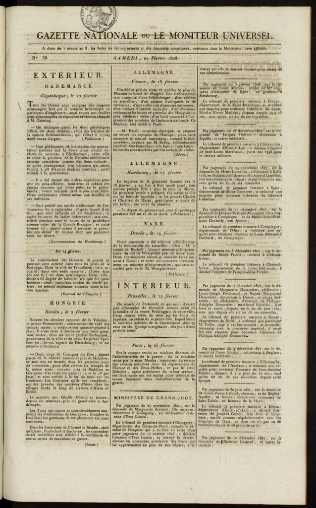 Miniatura de Gazette Nationale ou le Moniteur Universel del 27 de febrero de 1808, nº 58