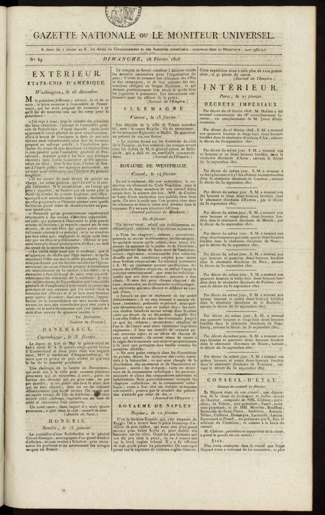Miniatura de Gazette Nationale ou le Moniteur Universel del 28 de febrero de 1808, nº 59