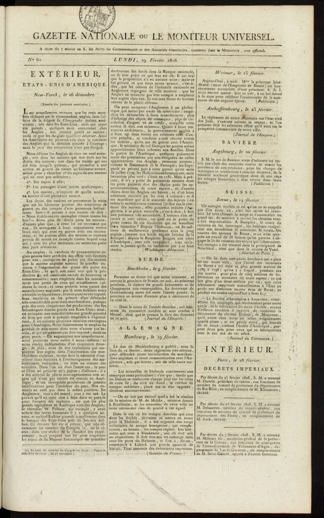 Miniatura de Gazette Nationale ou le Moniteur Universel del 29 de febrero de 1808, nº 60