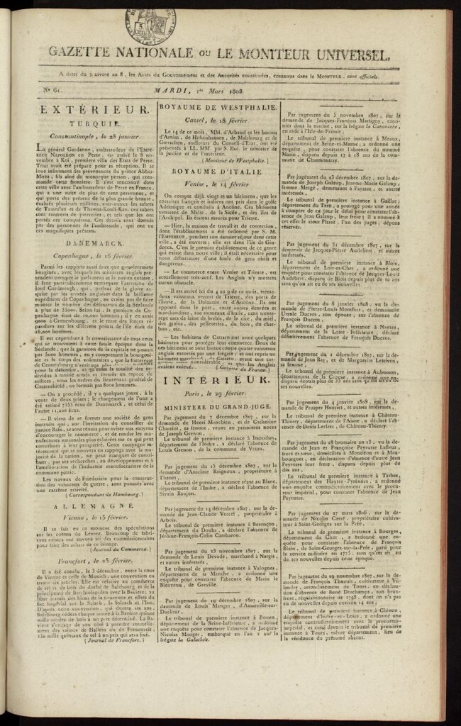 Miniatura de Gazette Nationale ou le Moniteur Universel del 1 de marzo de 1808, nº 61