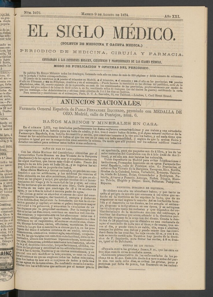 Miniatura de El Siglo Médico: boletín de medicina y gaceta médica del 9 de agosto de 1874