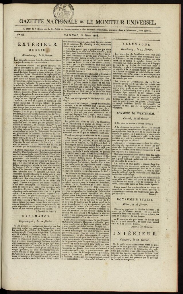 Miniatura de Gazette Nationale ou le Moniteur Universel del 5 de marzo de 1808, nº 65