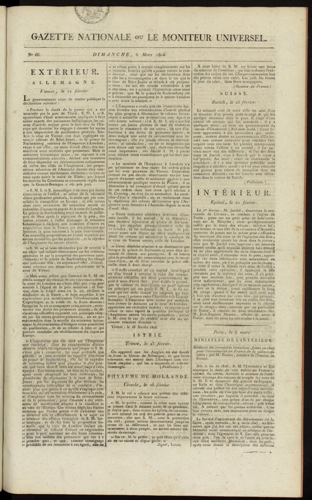 Miniatura de Gazette Nationale ou le Moniteur Universel del 6 de marzo de 1808, nº 66