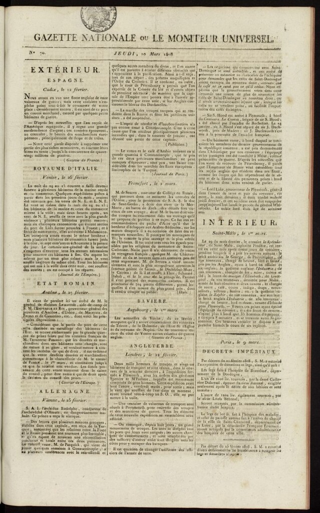 Miniatura de Gazette Nationale ou le Moniteur Universel del 10 de marzo de 1808, nº 70