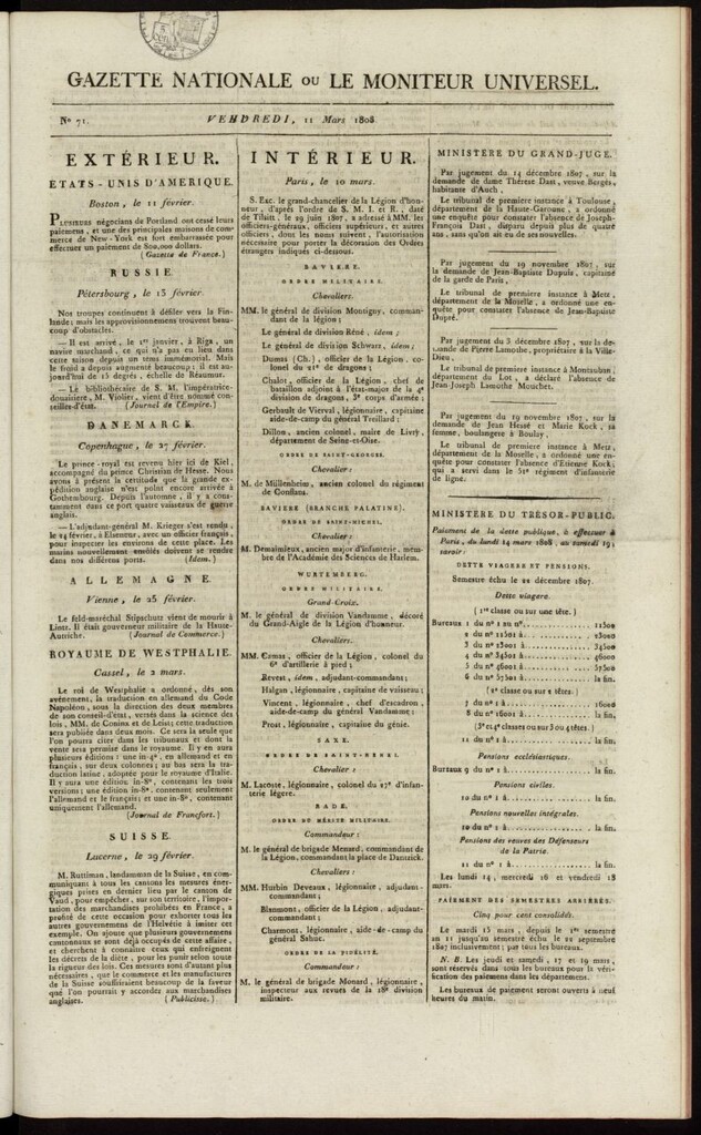 Miniatura de Gazette Nationale ou le Moniteur Universel del 11 de marzo de 1808, nº 71