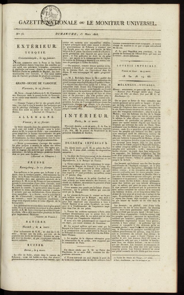 Miniatura de Gazette Nationale ou le Moniteur Universel del 13 de marzo de 1808, nº 73