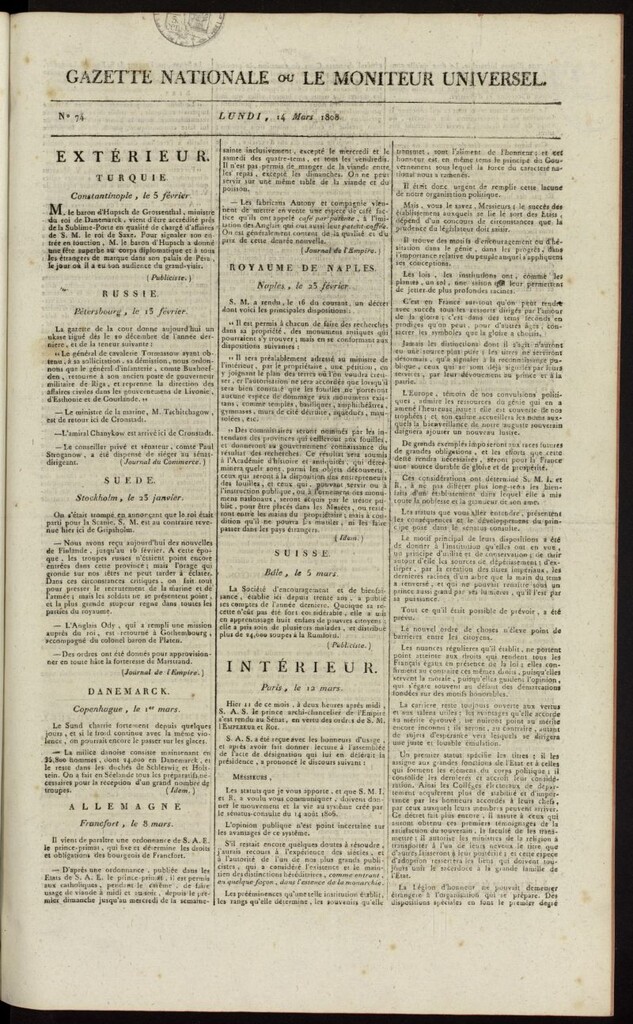 Miniatura de Gazette Nationale ou le Moniteur Universel del 14 de marzo de 1808, nº 74