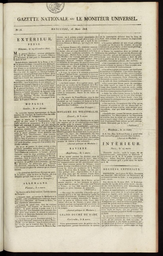 Miniatura de Gazette Nationale ou le Moniteur Universel del 16 de marzo de 1808, nº 76