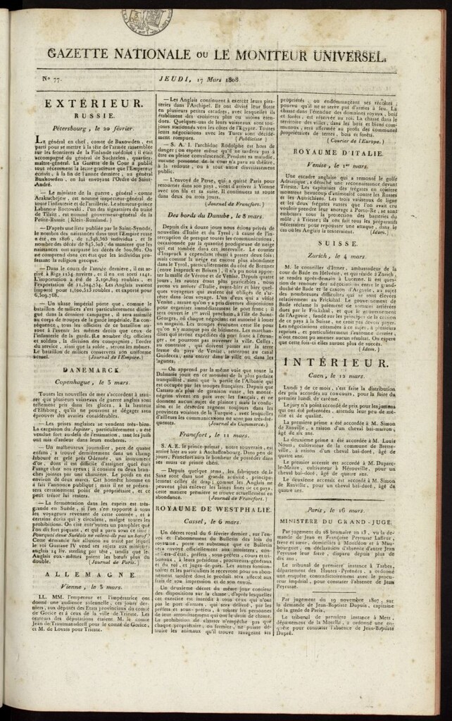Miniatura de Gazette Nationale ou le Moniteur Universel del 17 de marzo de 1808, nº 77