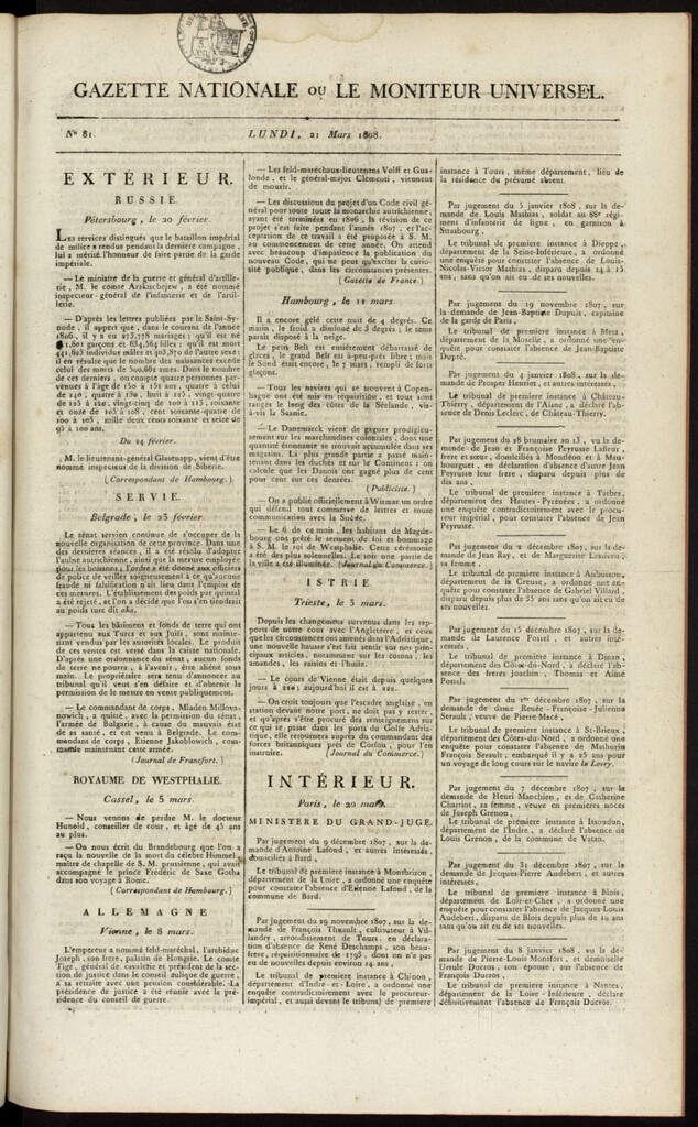 Miniatura de Gazette Nationale ou le Moniteur Universel del 21 de marzo de 1808, nº 81