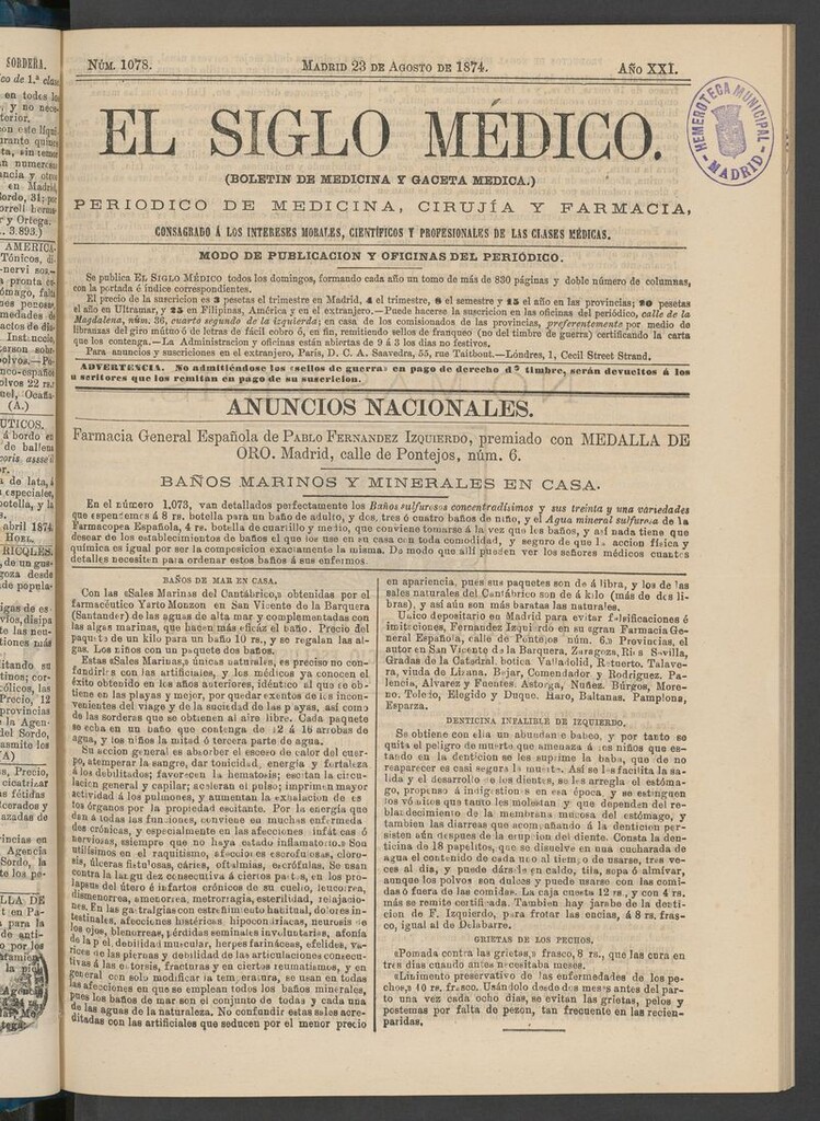 Miniatura de El Siglo Médico: boletín de medicina y gaceta médica del 23 de agosto de 1874