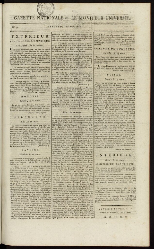 Miniatura de Gazette Nationale ou le Moniteur Universel del 30 de marzo de 1808, nº 90