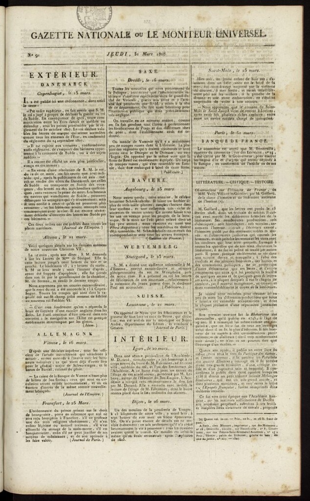 Miniatura de Gazette Nationale ou le Moniteur Universel del 31 de marzo de 1808, nº 91