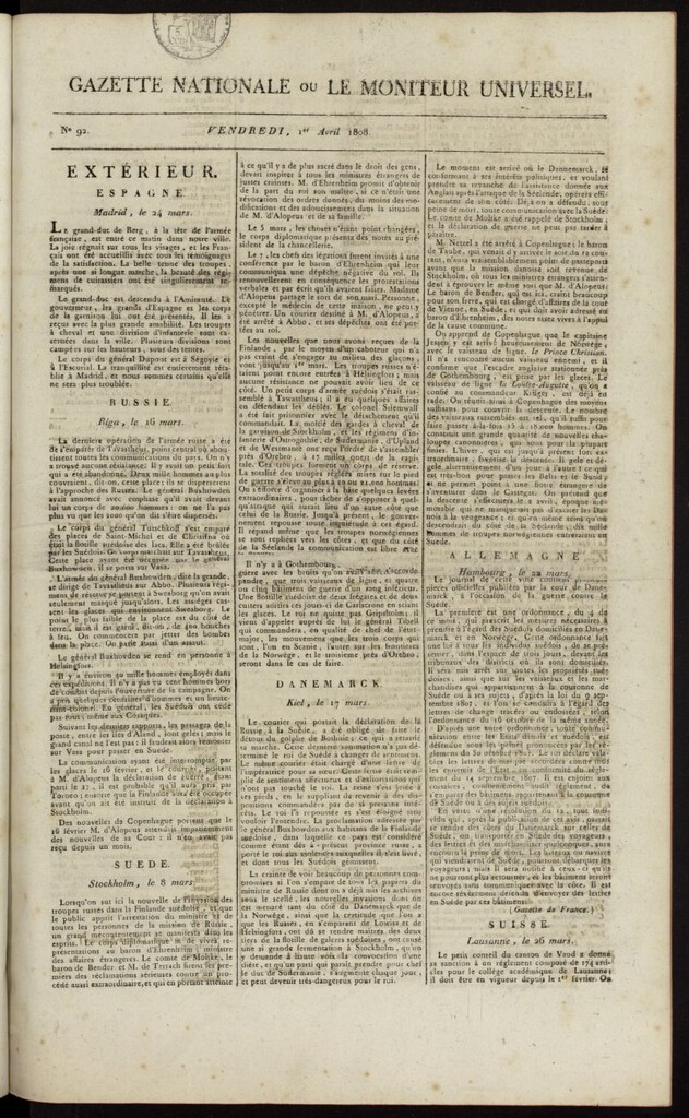 Miniatura de Gazette Nationale ou le Moniteur Universel del 1 de abril de 1808, nº 92