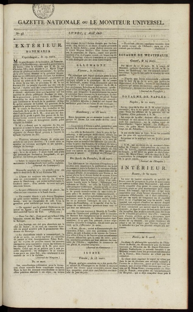Miniatura de Gazette Nationale ou le Moniteur Universel del 4 de abril de 1808, nº 95