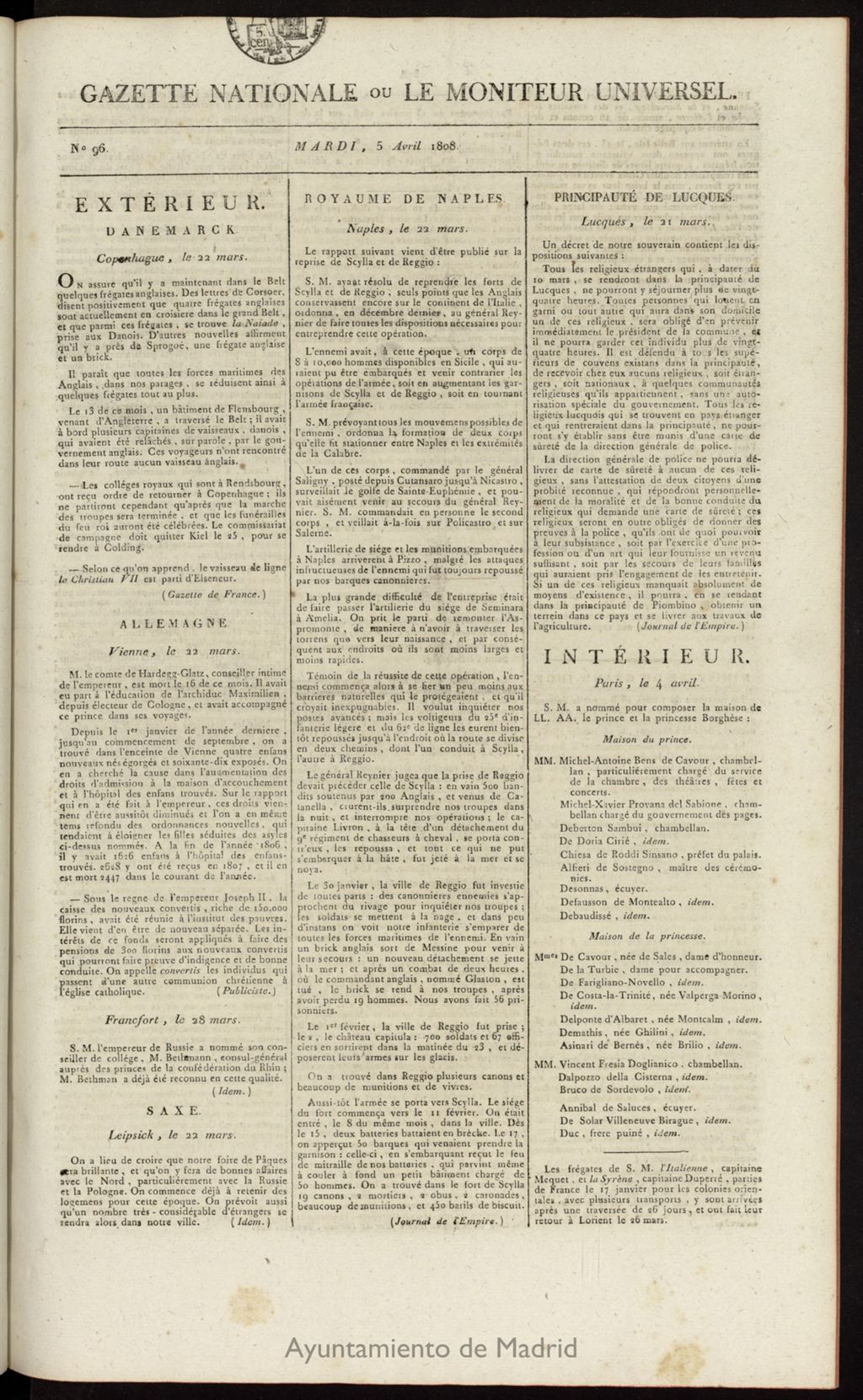 Miniatura de Gazette Nationale ou le Moniteur Universel del 5 de abril de 1808, nº 96