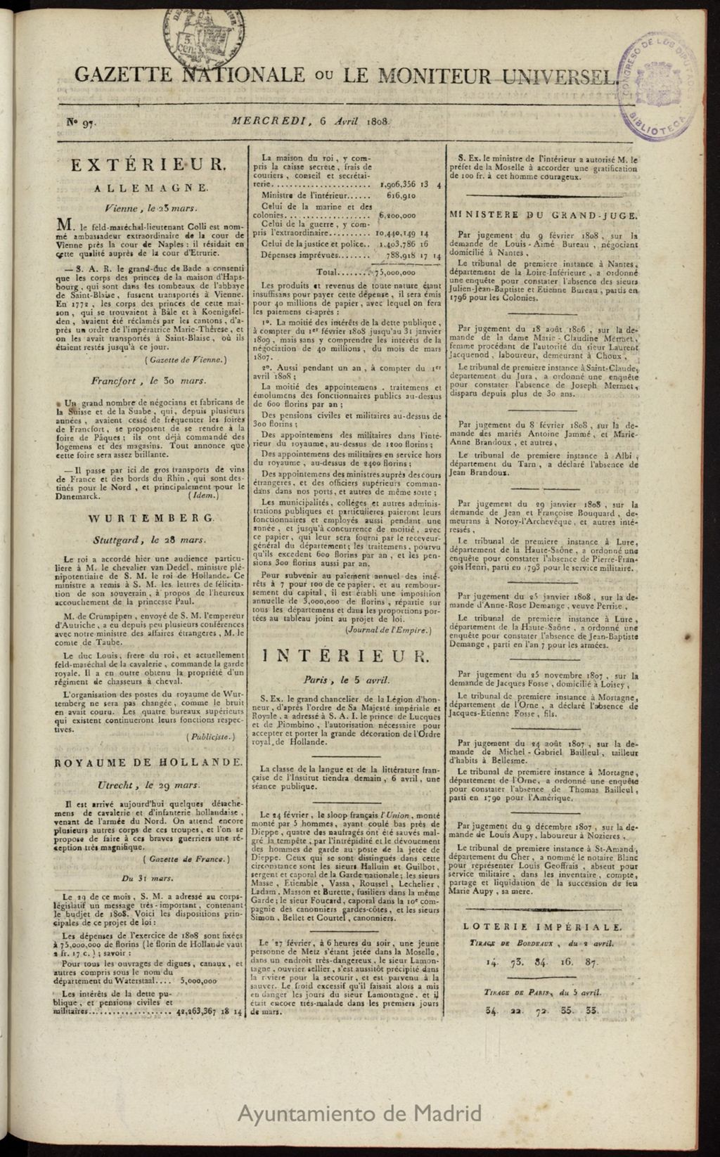 Miniatura de Gazette Nationale ou le Moniteur Universel del 6 de abril de 1808, nº 97