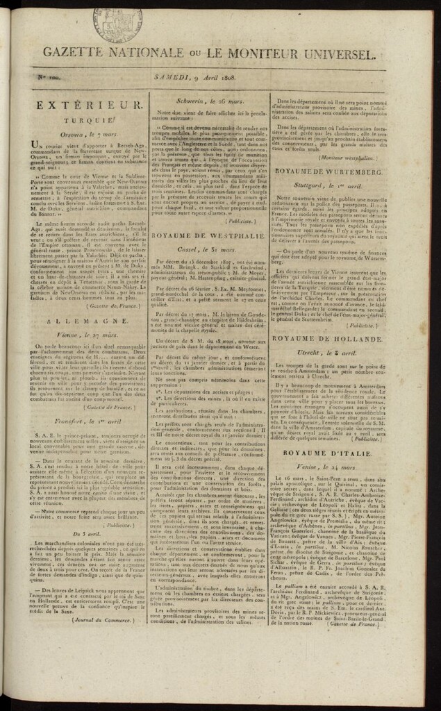 Miniatura de Gazette Nationale ou le Moniteur Universel del 9 de abril de 1808, nº 100