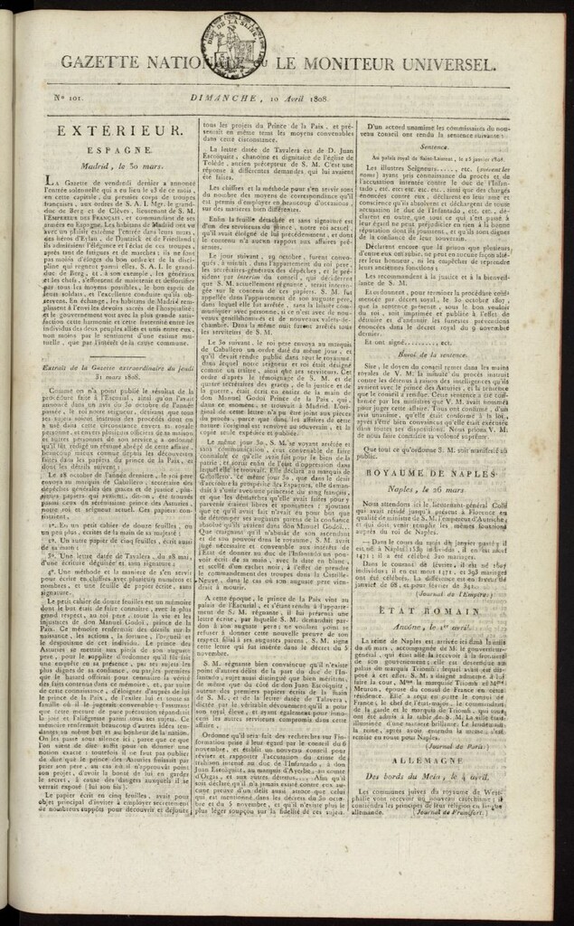 Miniatura de Gazette Nationale ou le Moniteur Universel del 10 de abril de 1808, nº 101