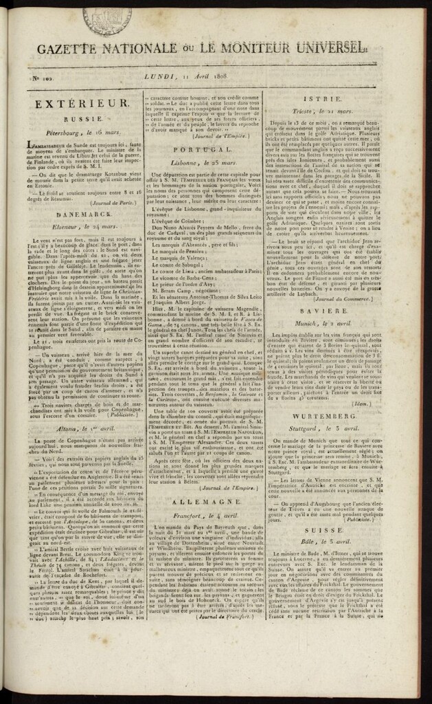 Miniatura de Gazette Nationale ou le Moniteur Universel del 11 de abril de 1808, nº 102