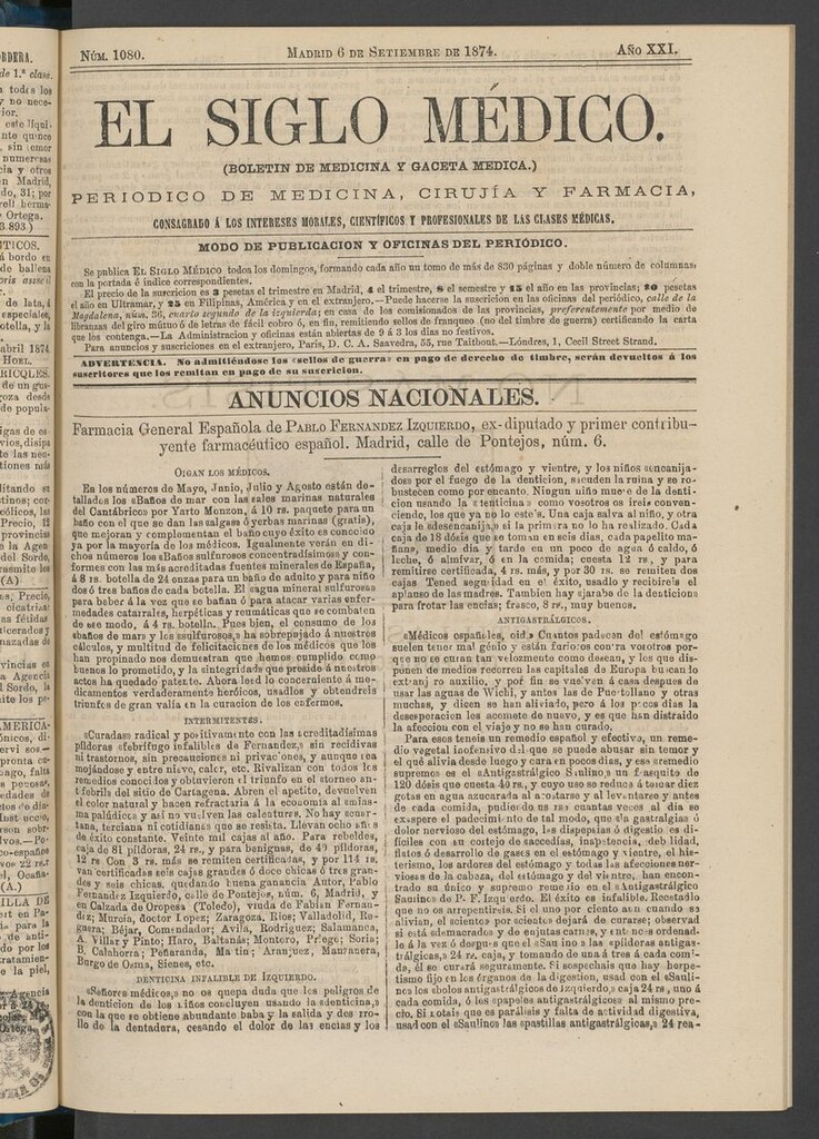 Miniatura de El Siglo Médico: boletín de medicina y gaceta médica del 6 de septiembre de 1874