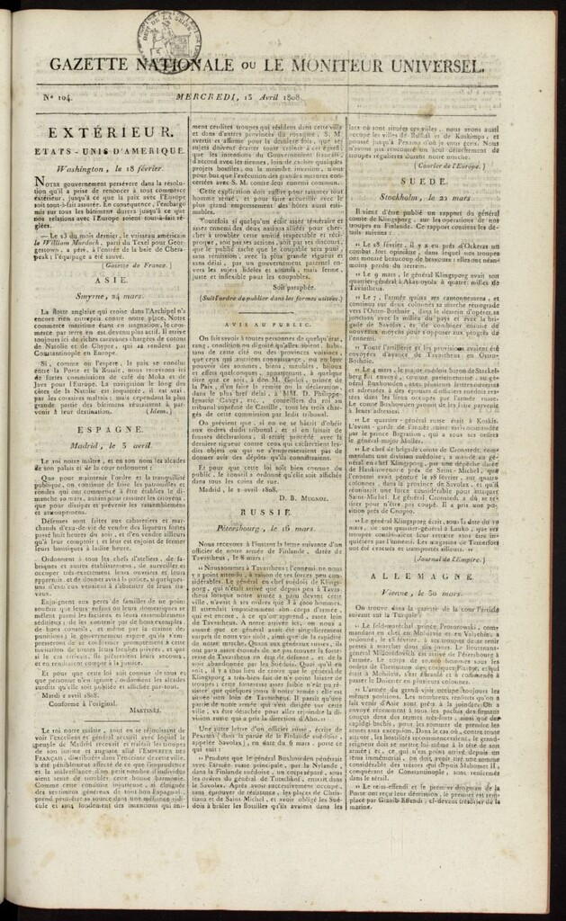Miniatura de Gazette Nationale ou le Moniteur Universel del 13 de abril de 1808, nº 104