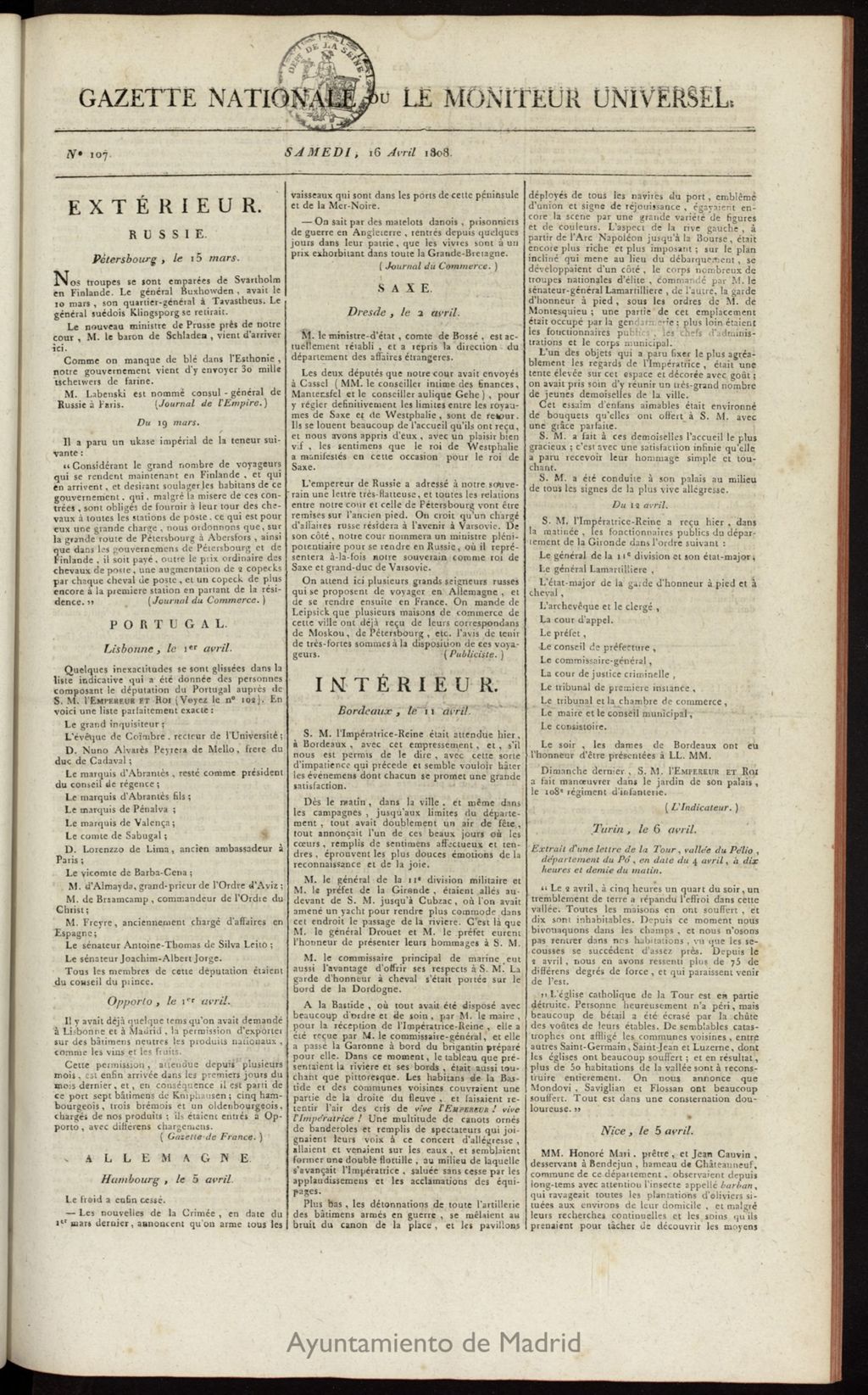 Miniatura de Gazette Nationale ou le Moniteur Universel del 16 de abril de 1808, nº 107