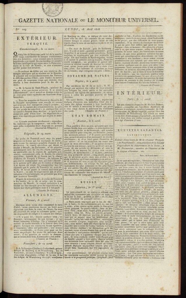Miniatura de Gazette Nationale ou le Moniteur Universel del 18 de abril de 1808, nº 109