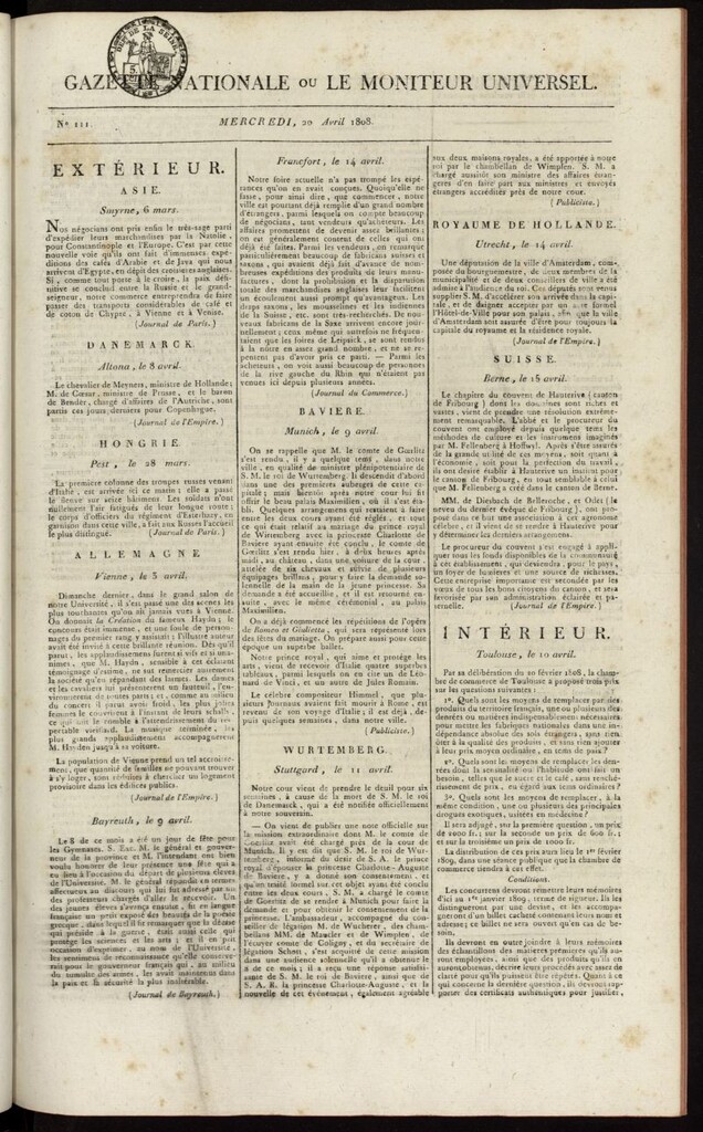 Miniatura de Gazette Nationale ou le Moniteur Universel del 20 de abril de 1808, nº 111