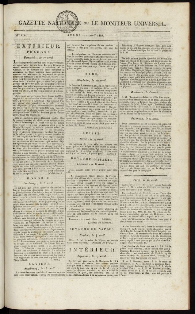 Miniatura de Gazette Nationale ou le Moniteur Universel del 21 de abril de 1808, nº 112