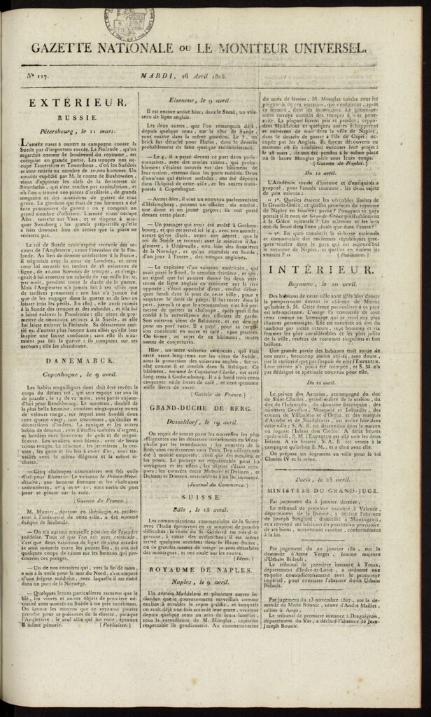 Miniatura de Gazette Nationale ou le Moniteur Universel del 26 de abril de 1808, nº 117