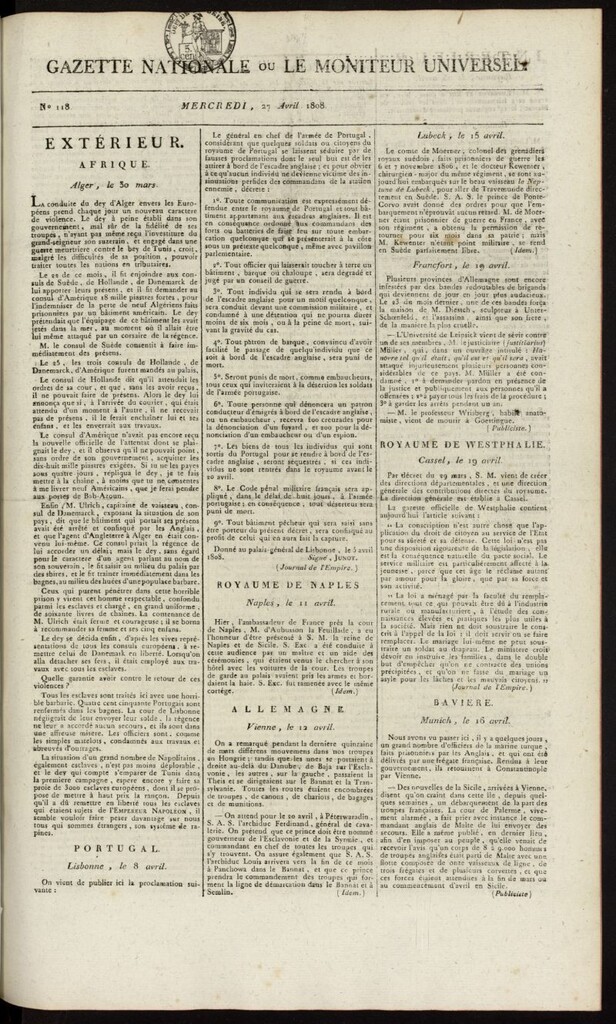 Miniatura de Gazette Nationale ou le Moniteur Universel del 27 de abril de 1808, nº 118