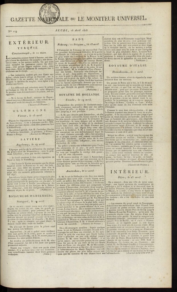 Miniatura de Gazette Nationale ou le Moniteur Universel del 28 de abril de 1808, nº 119