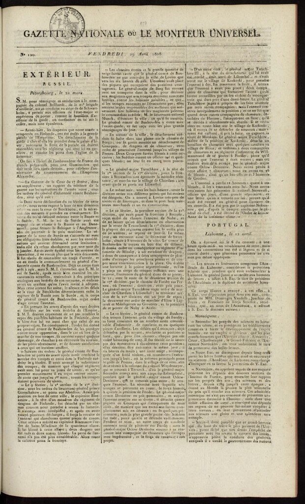 Miniatura de Gazette Nationale ou le Moniteur Universel del 29 de abril de 1808, nº 120