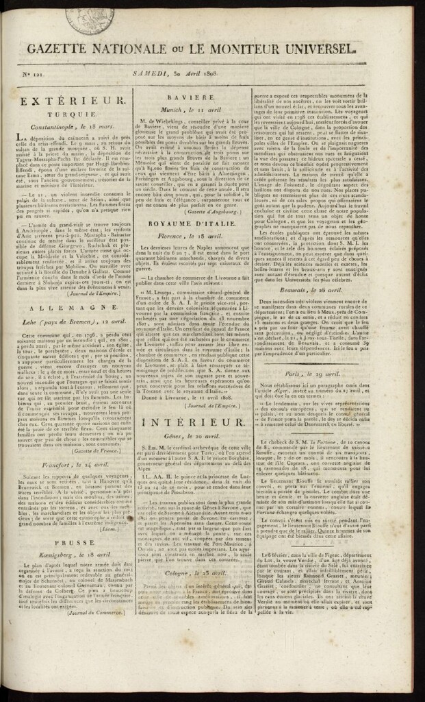 Miniatura de Gazette Nationale ou le Moniteur Universel del 30 de abril de 1808, nº 121