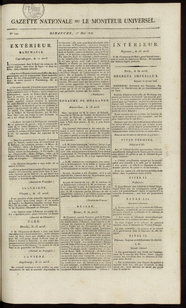 Miniatura de Gazette Nationale ou le Moniteur Universel del 1 de mayo de 1808, nº 122