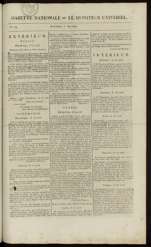 Miniatura de Gazette Nationale ou le Moniteur Universel del 3 de mayo de 1808, nº 124
