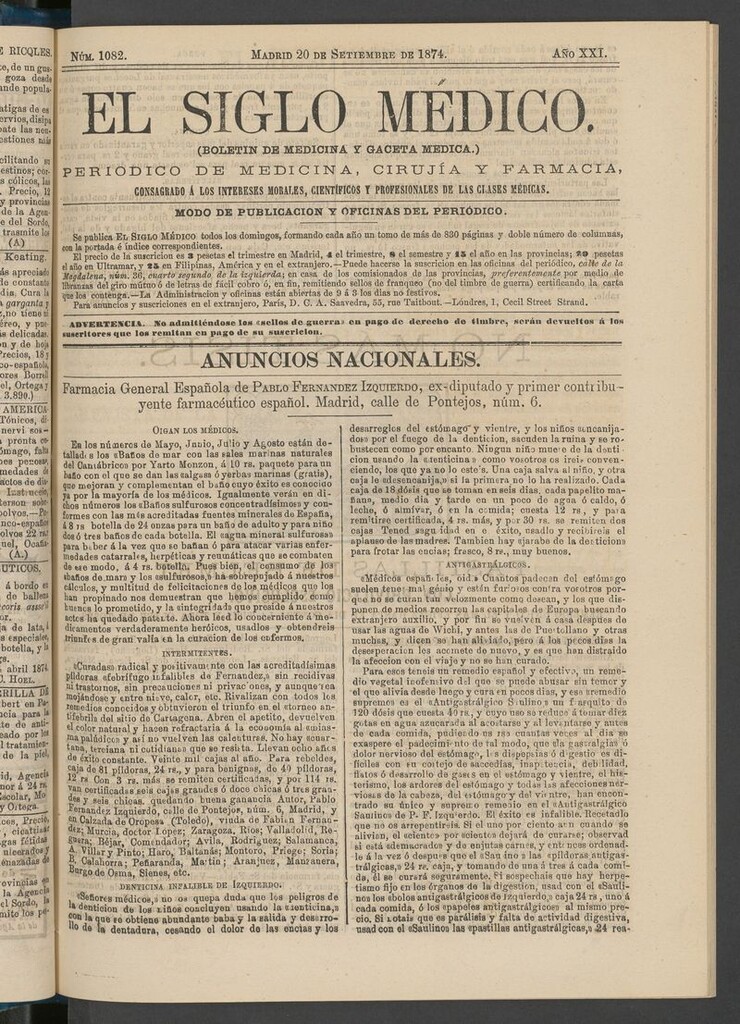 Miniatura de El Siglo Médico: boletín de medicina y gaceta médica del 20 de septiembre de 1874