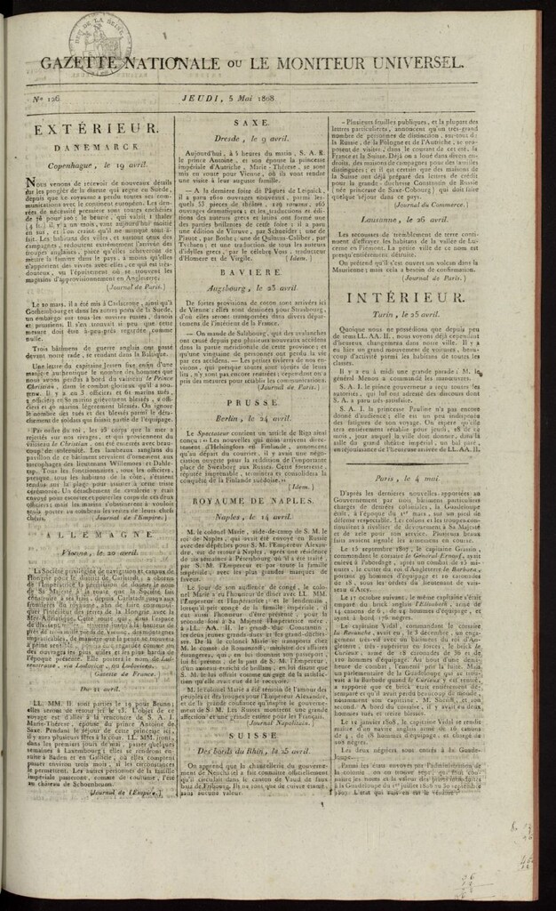 Miniatura de Gazette Nationale ou le Moniteur Universel del 5 de mayo de 1808, nº 126