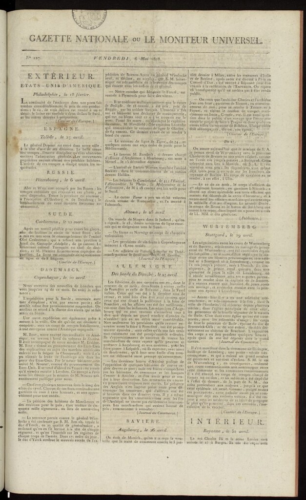 Miniatura de Gazette Nationale ou le Moniteur Universel del 6 de mayo de 1808, nº 127
