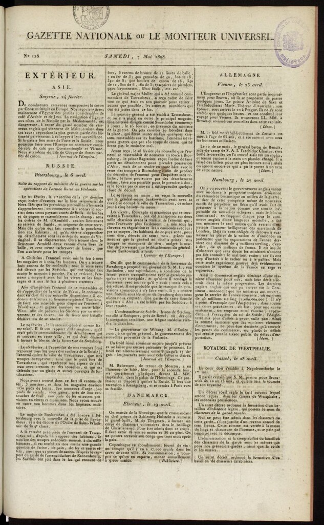 Miniatura de Gazette Nationale ou le Moniteur Universel del 7 de mayo de 1808, nº 128