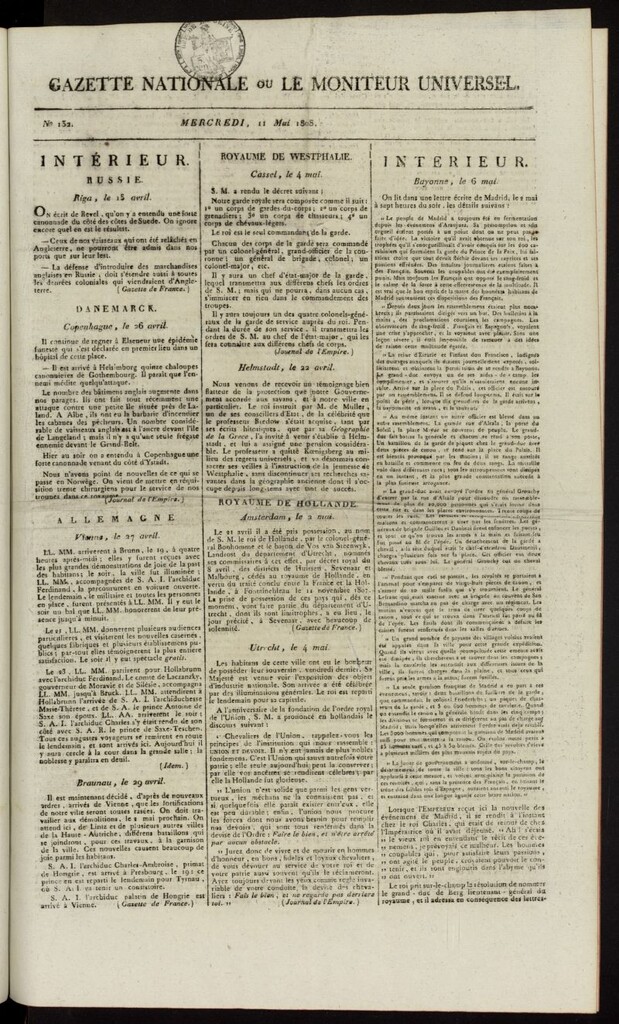 Miniatura de Gazette Nationale ou le Moniteur Universel del 11 de mayo de 1808, nº 132