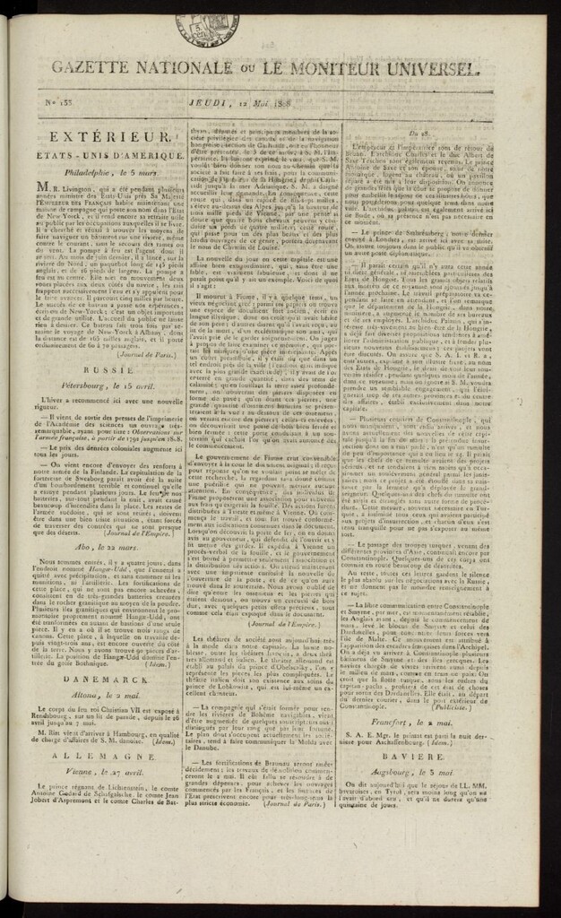 Miniatura de Gazette Nationale ou le Moniteur Universel del 12 de mayo de 1808, nº 133