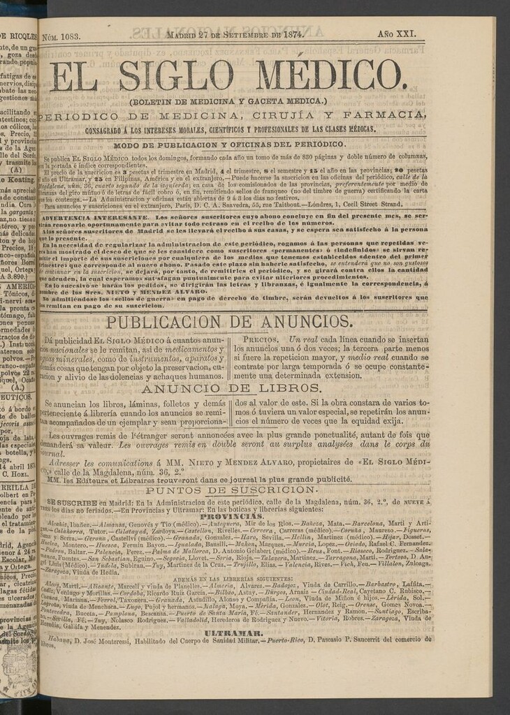 Miniatura de El Siglo Médico: boletín de medicina y gaceta médica del 27 de septiembre de 1874