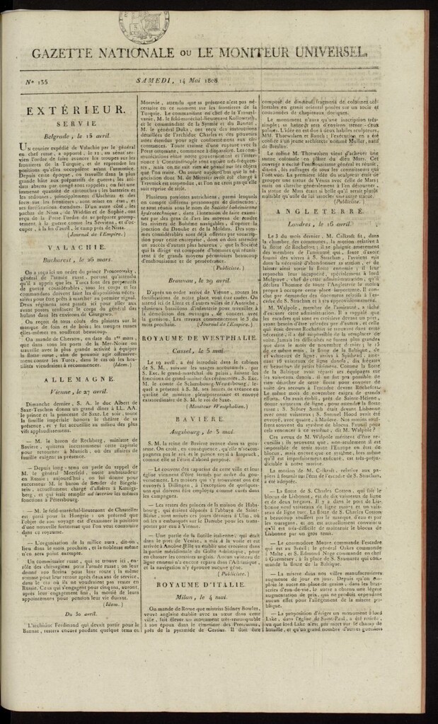 Miniatura de Gazette Nationale ou le Moniteur Universel del 14 de mayo de 1808, nº 135