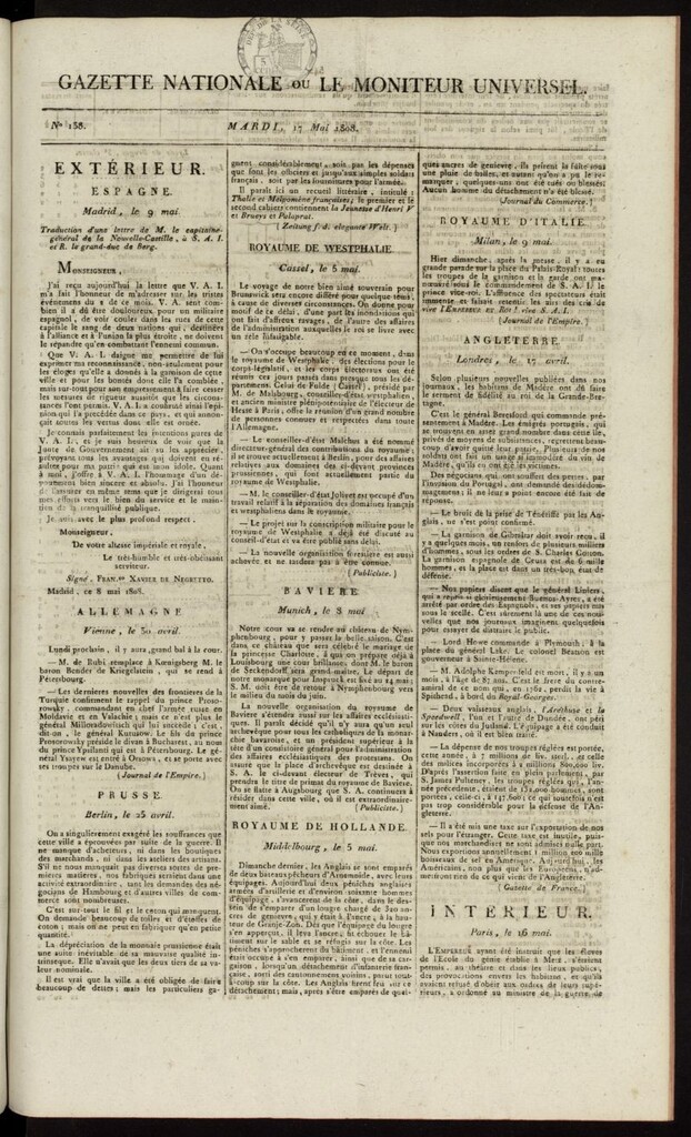 Miniatura de Gazette Nationale ou le Moniteur Universel del 17 de mayo de 1808, nº 138